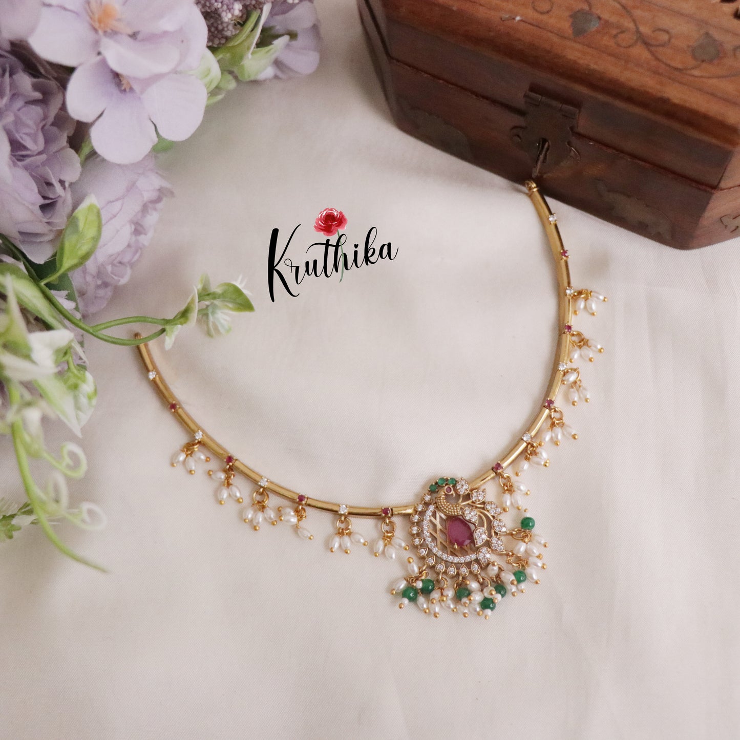 Trendy Ad Hasli Necklace with Peacock Pendant & Green Bead Drops NC2173