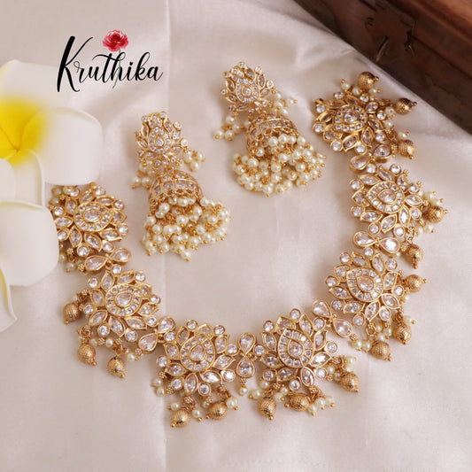 Beautiful AD Kundan Lotus Choker with Golden Beads Drops NC2379