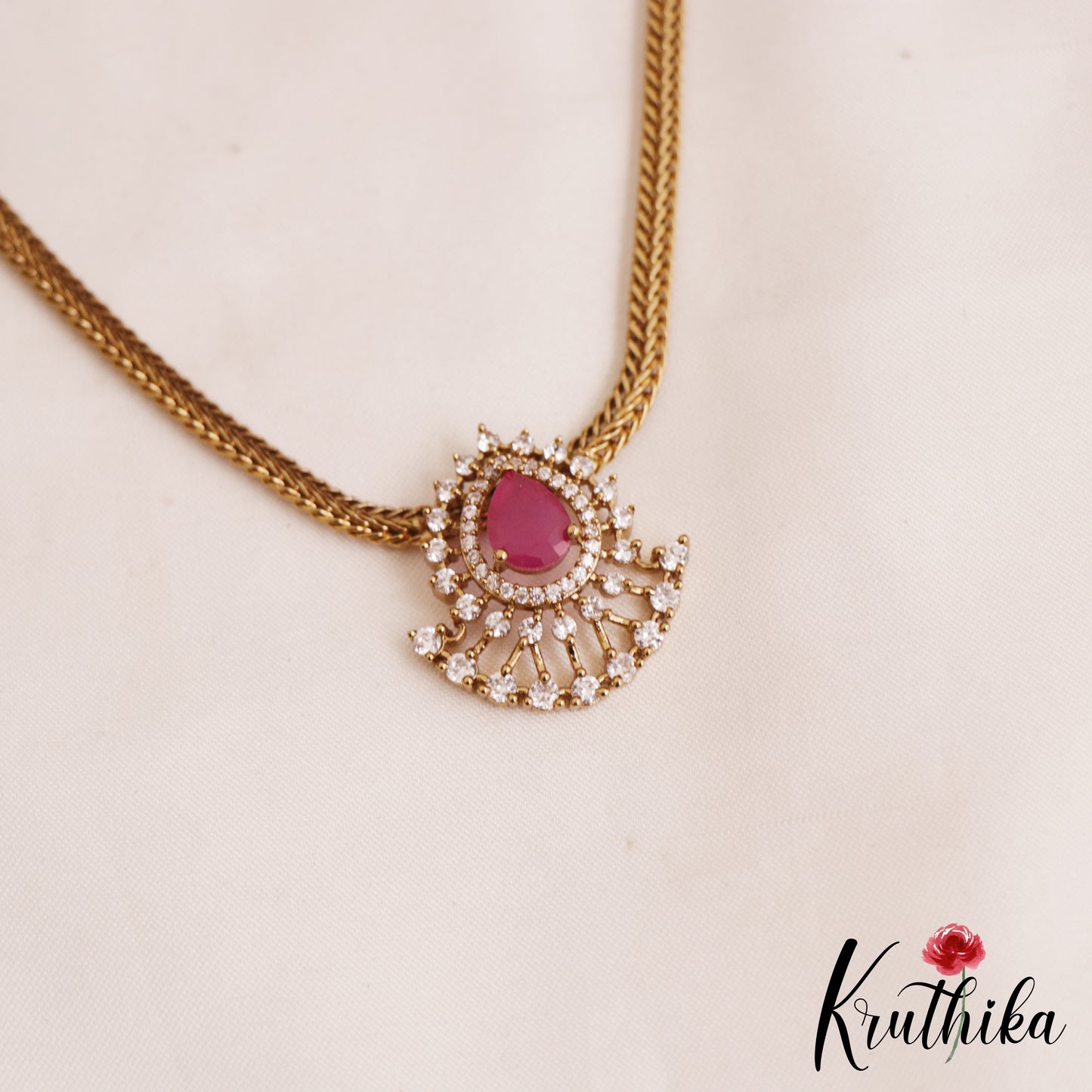 Pretty Teardrop Motifs AD Pendant Chain Set NC2808 (Available In 2 Colors)