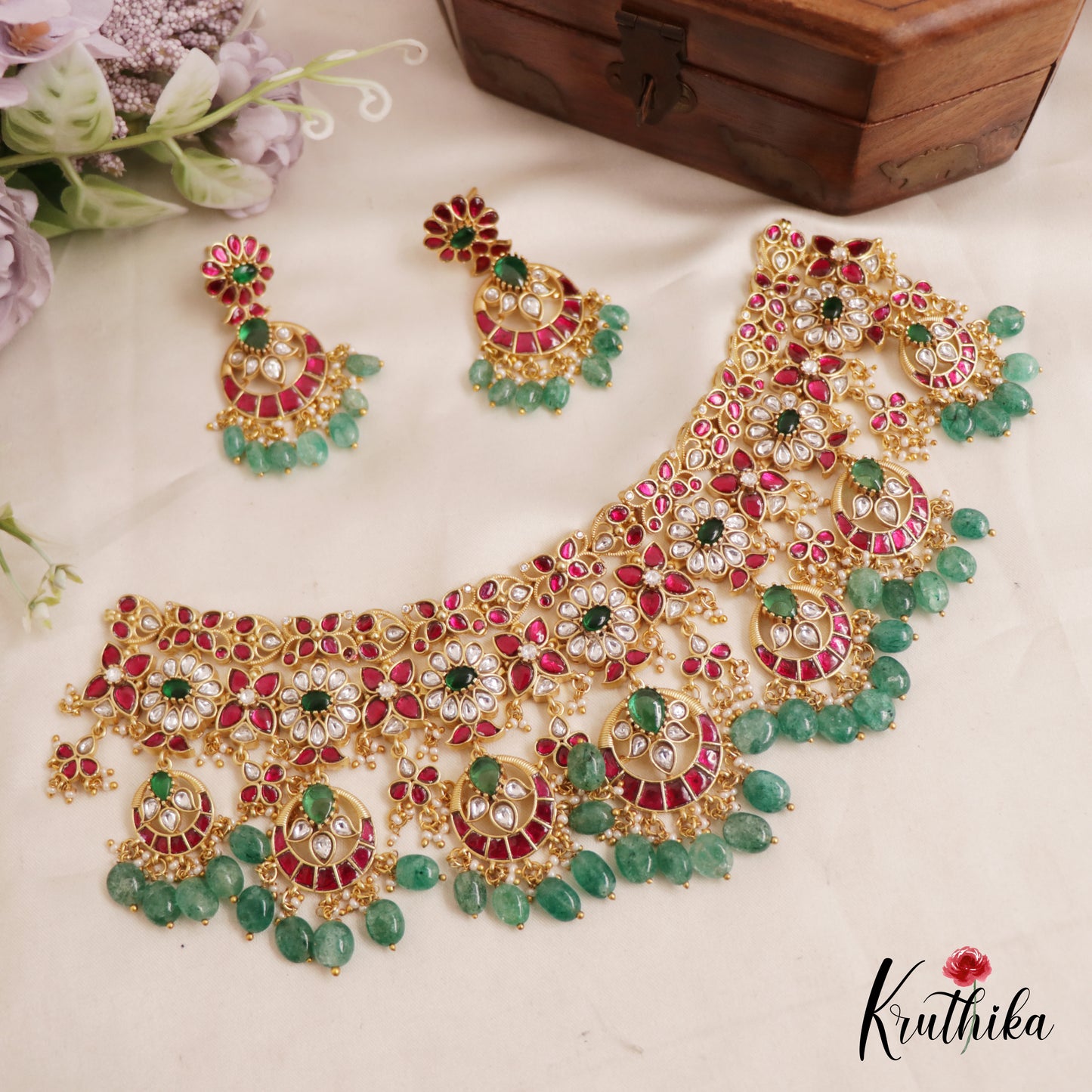 Premium Floral Green Beads Jadau Choker Set With Maang Tikka NC2583