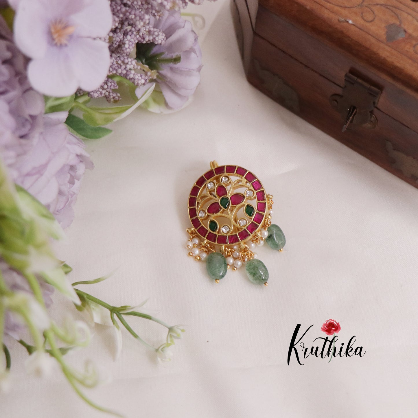 Trendy Jadau Jada Billa with Green Beads Drops J232