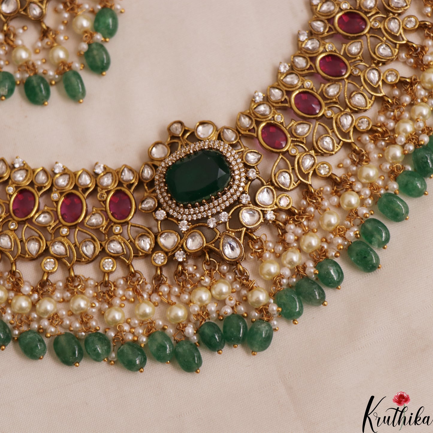 Premium Geometric Teardrop Motifs Jadau Choker With Green Bead Drops NC3011 (Available In 3 Colors)
