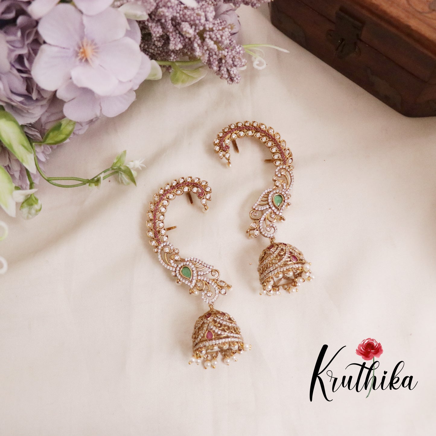 Grand CZ Sparkling Peacock Earcuff with Pearl Drop Jhumkas E617 (Available in 2 Colours)