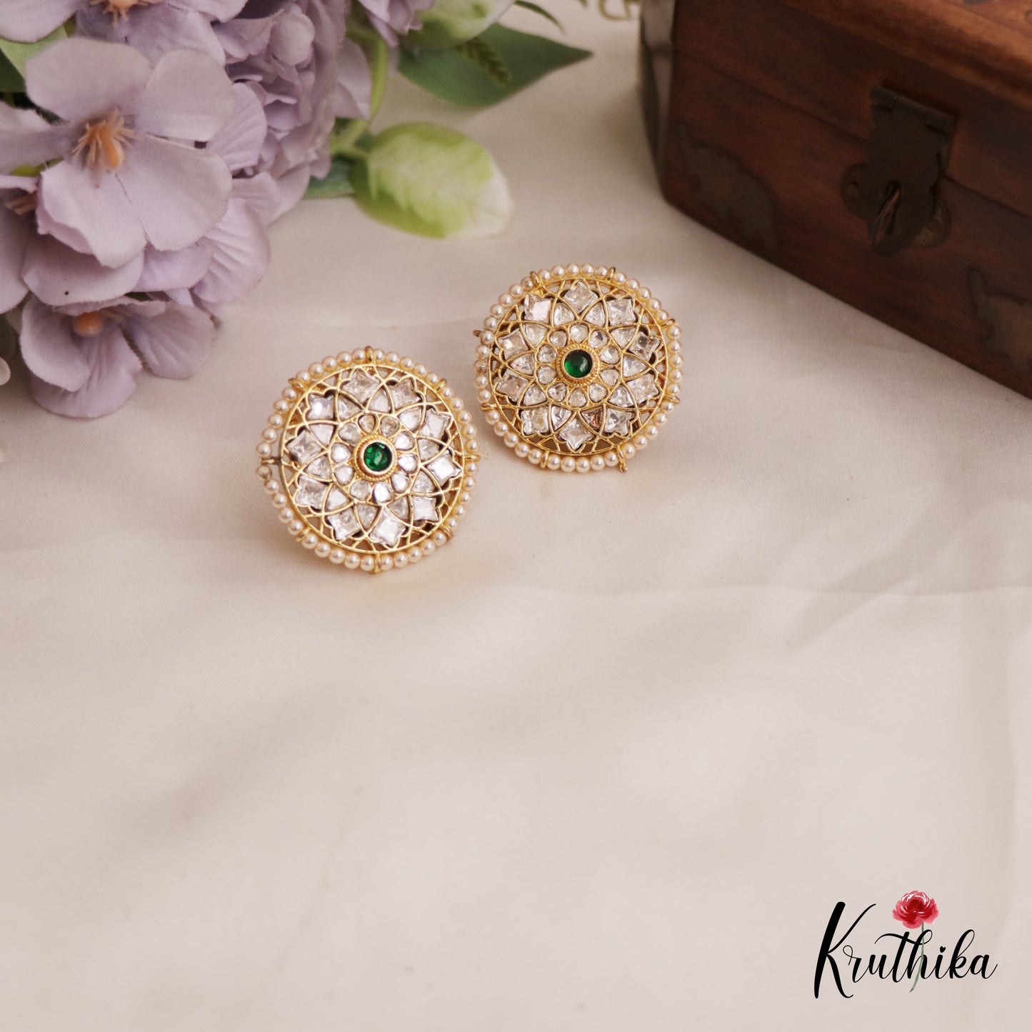 Classic Pearl Border Floral Motifs AD Stud Earrings E982