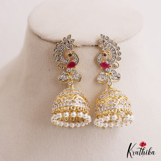Sparkling Peacock Motifs AD Jhumkas With Pearl Drops E1095 (Available In 3 Colors)
