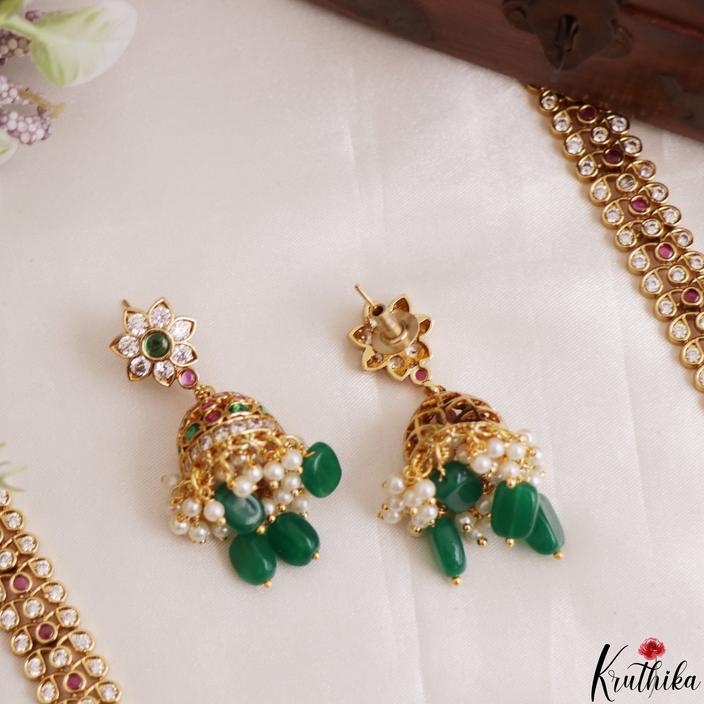 Gorgeous Floral Peacock Motifs Gold-Tone CZ Haaram With Green Bead Drops LH2187