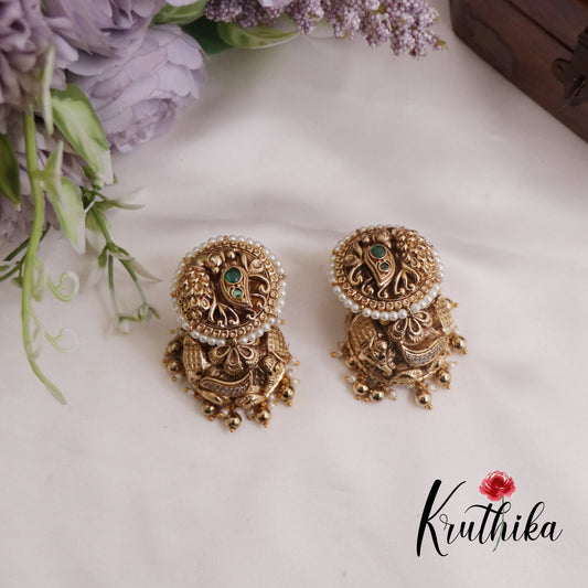 Premium Peacock Jhumkas with Golden Beads Drops E676