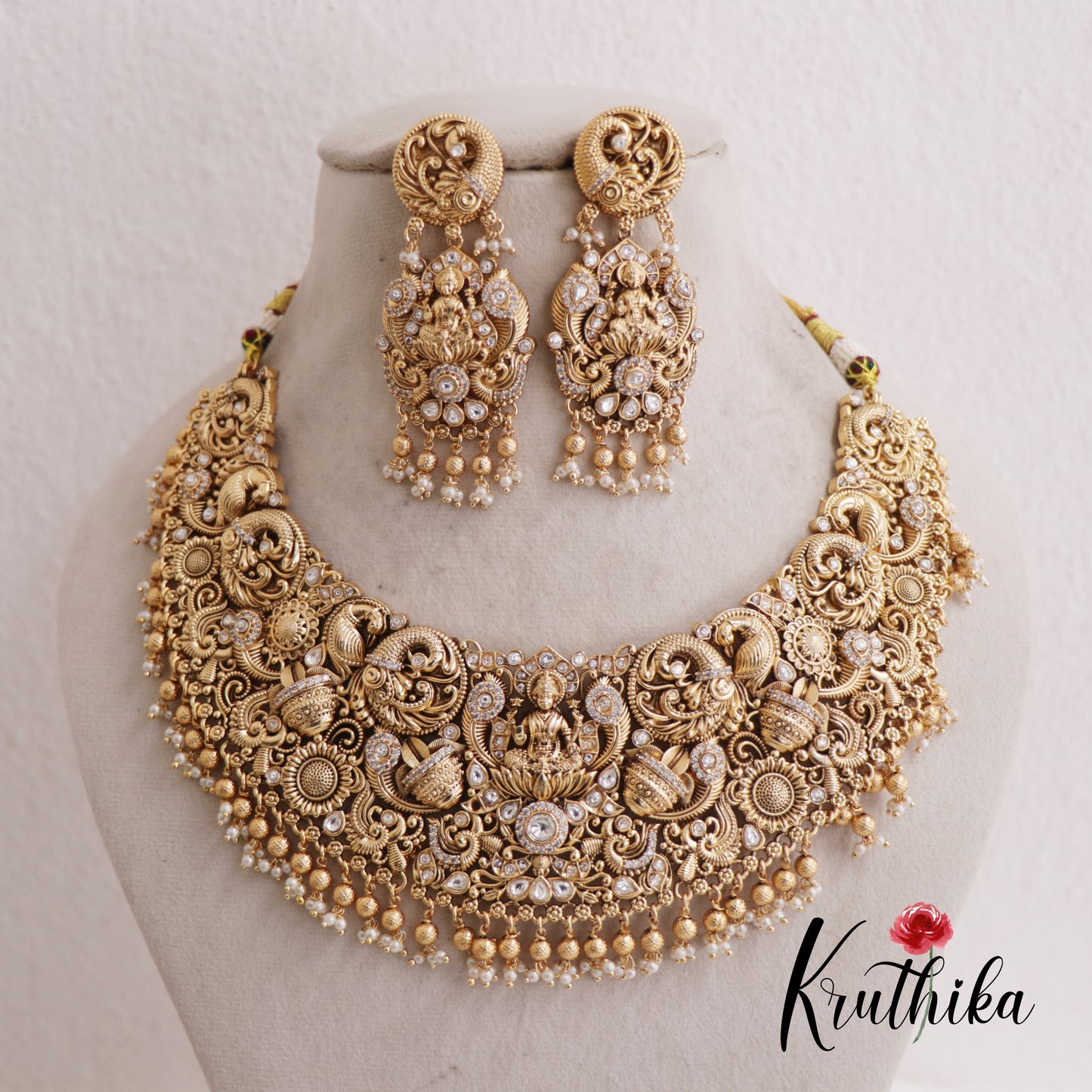 Premium Bridal Lakshmi Bead And Pearl Drops Nakshi Choker Set With Maang Tikka NC2587 (Available In 2 Colors)
