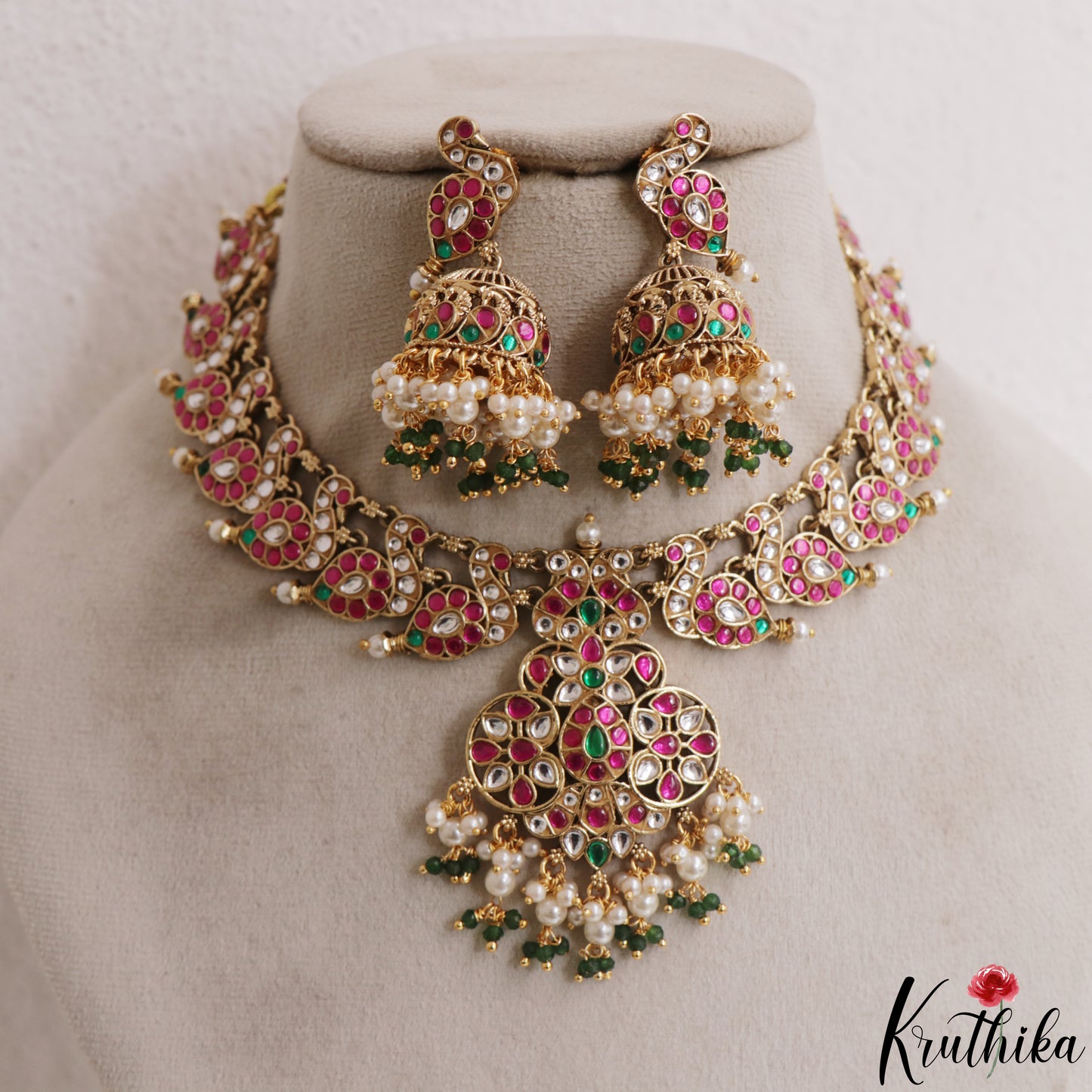 Gorgeous Floral Peacock Motifs Jadau Necklace With Pearl Bead Drops NC3171