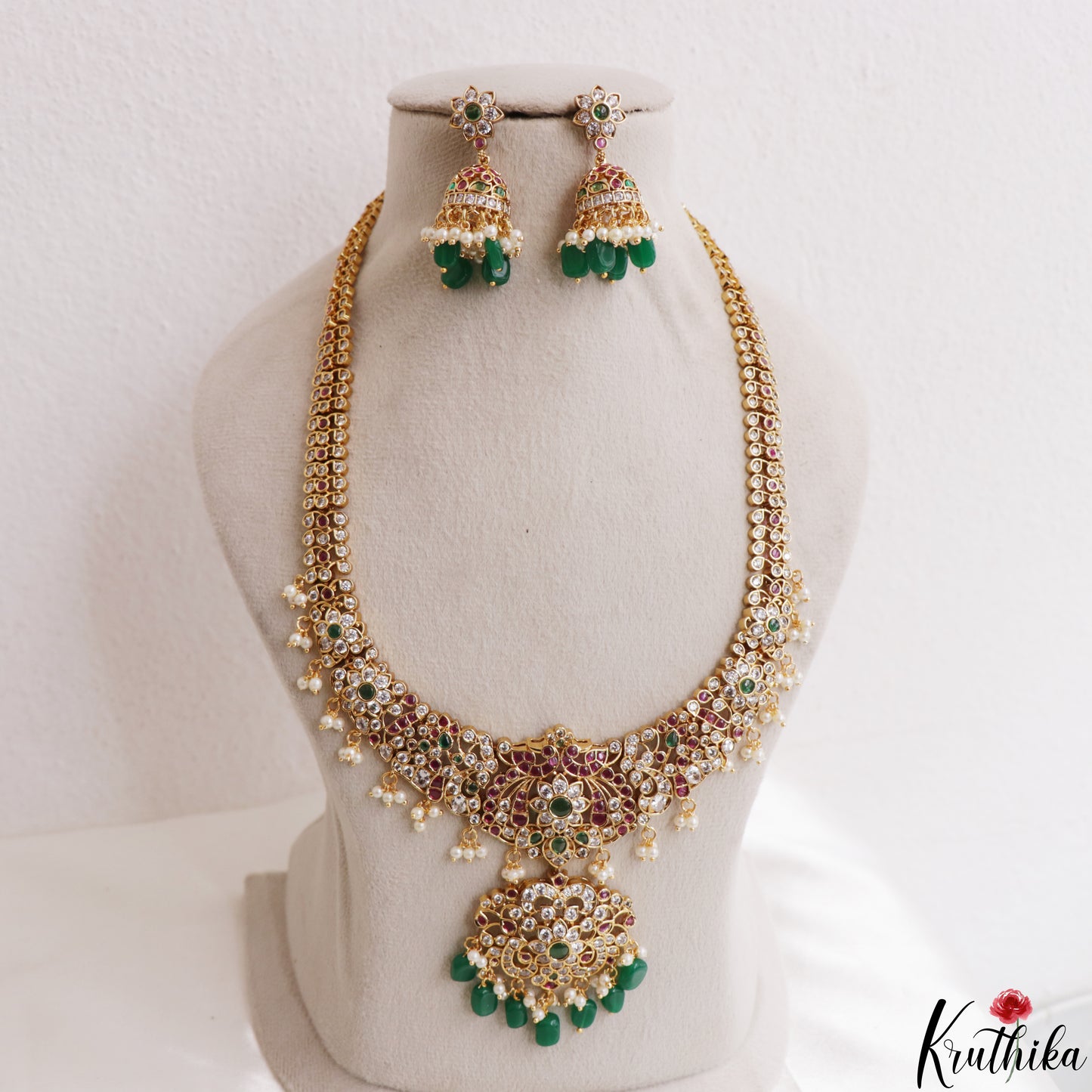 Gorgeous Floral Peacock Motifs Gold-Tone CZ Haaram With Green Bead Drops LH2187