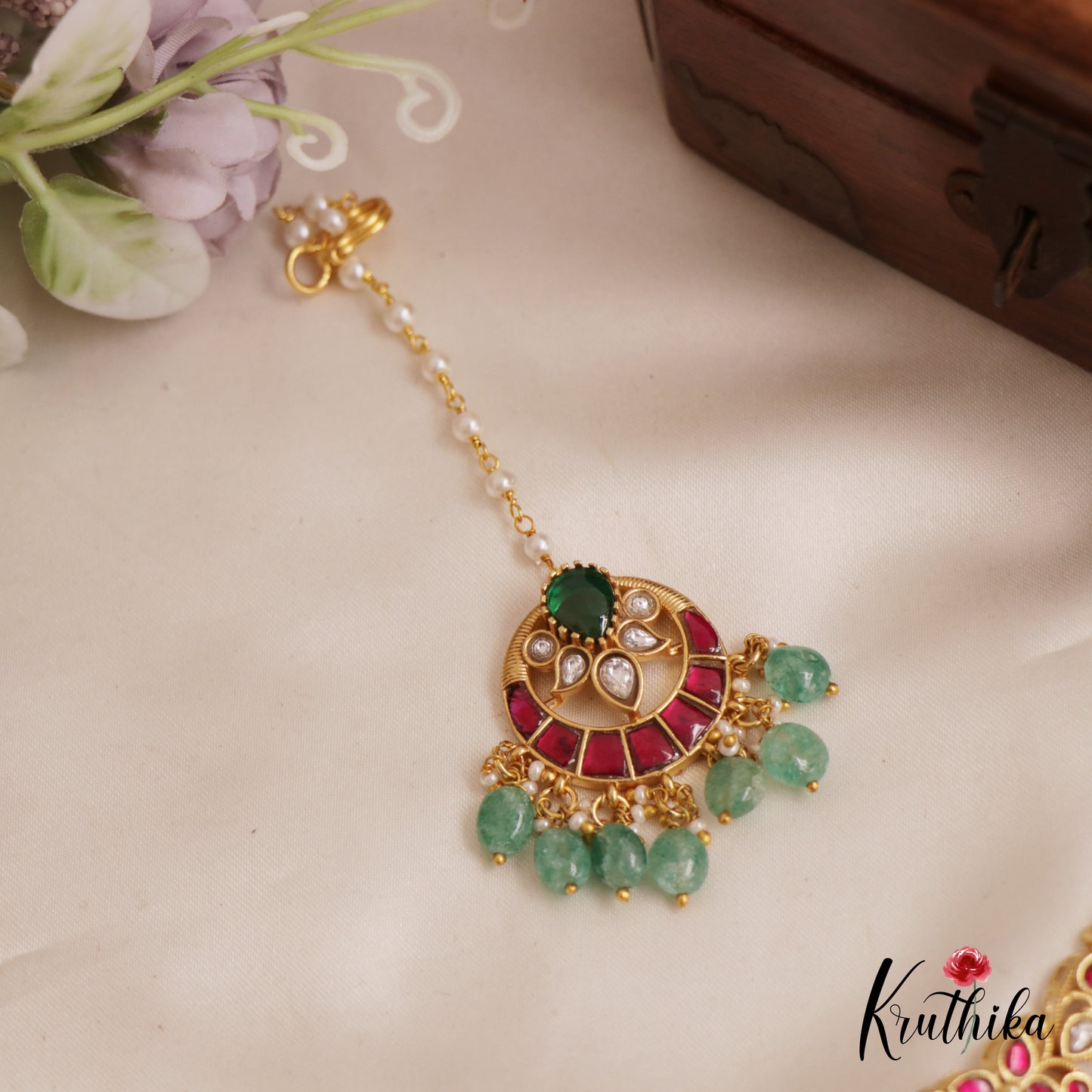 Premium Floral Green Beads Jadau Choker Set With Maang Tikka NC2583