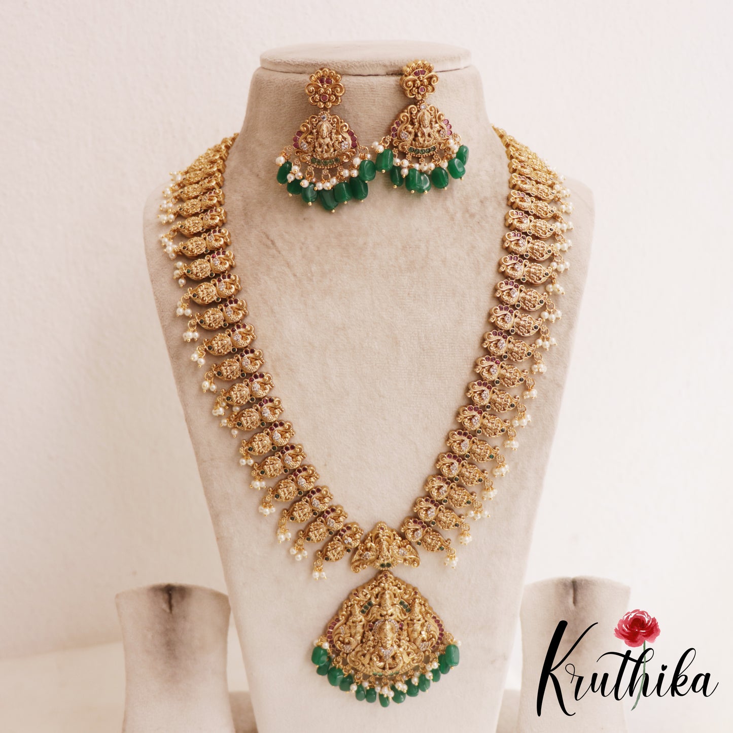 Gorgeous Antique Nagas Lakshmi Mango Motifs Temple Haaram With Green Bead DropsLH2094