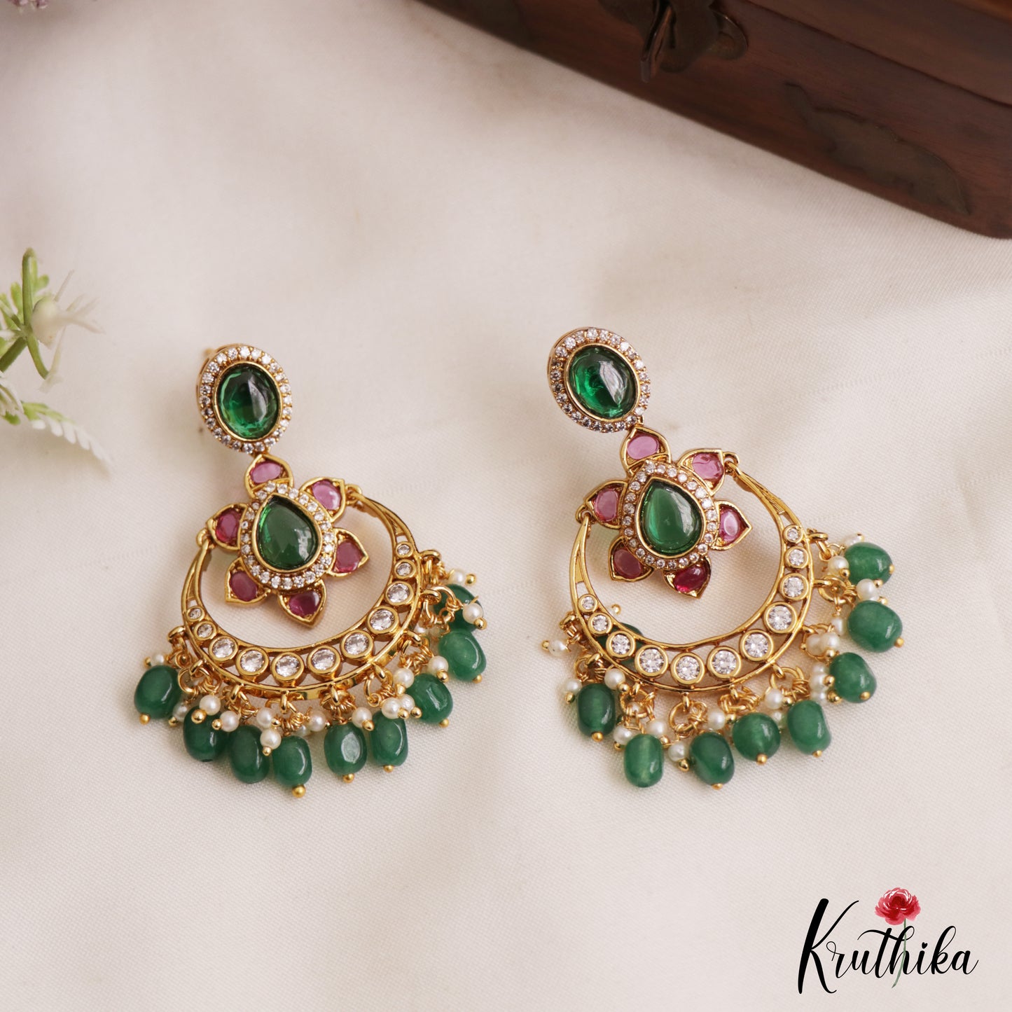 Trendy Floral Motifs Chandbali Earrings With Bead Drops E1093 (Available In 2 Colors)