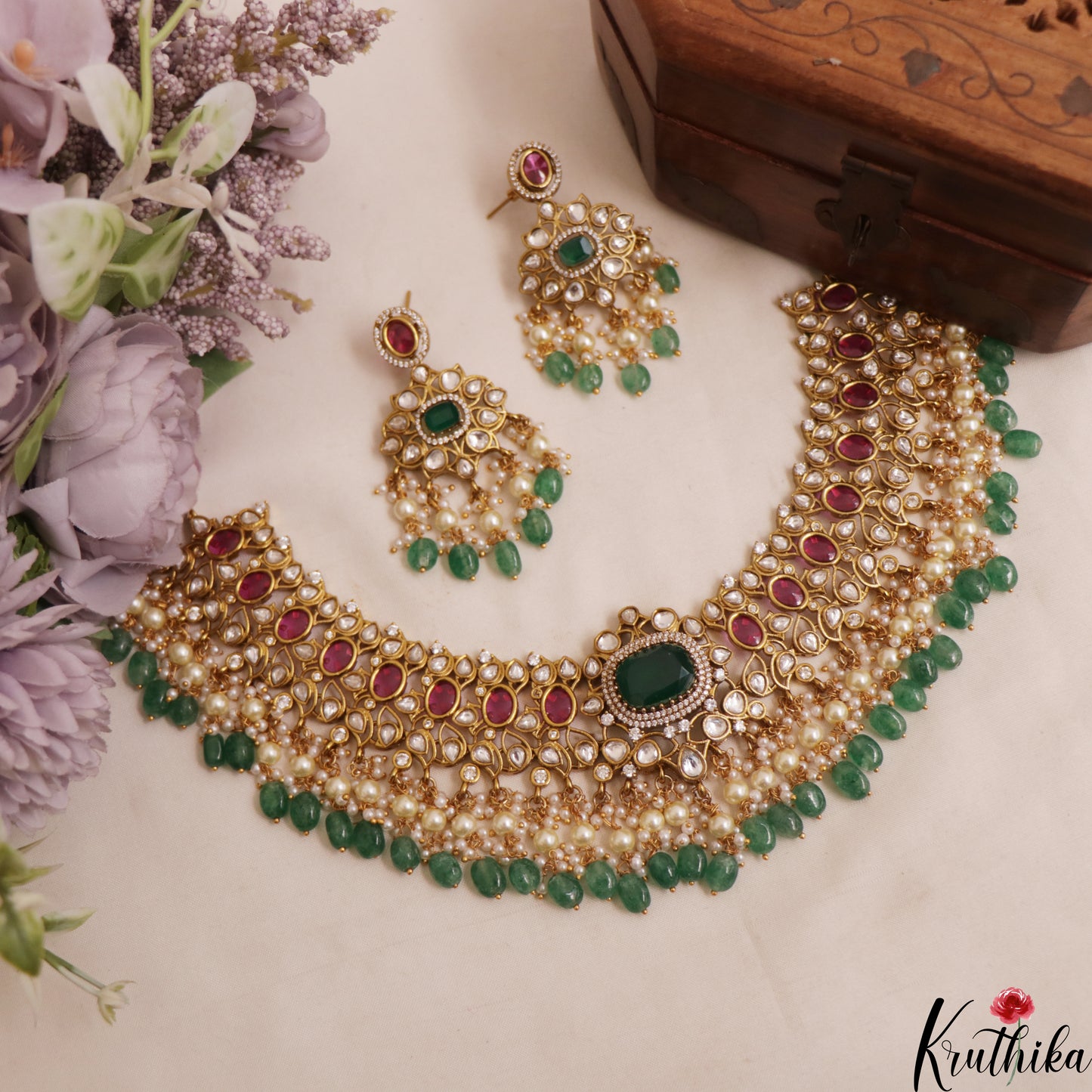 Premium Geometric Teardrop Motifs Jadau Choker With Green Bead Drops NC3011 (Available In 3 Colors)