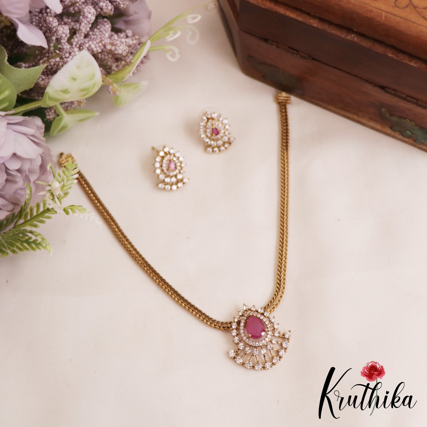 Pretty Teardrop Motifs AD Pendant Chain Set NC2808 (Available In 2 Colors)