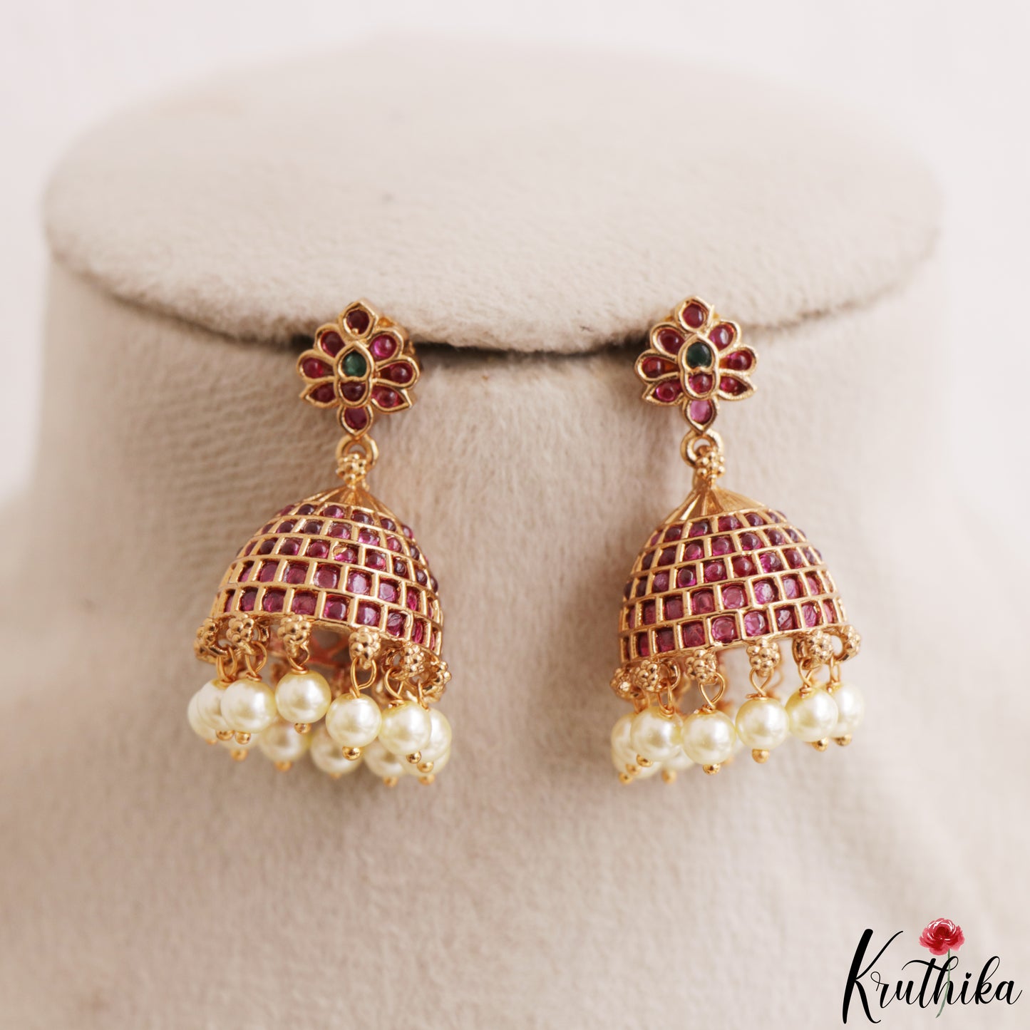Classic Floral Motifs Jhumkas With Pearl Drops E1219