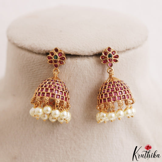 Classic Floral Motifs Jhumkas With Pearl Drops E1219