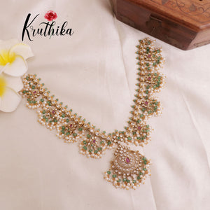 Elegant Victorian AD Stones Guttaposalu Necklace with Pastel Green Beads Drops NC1948