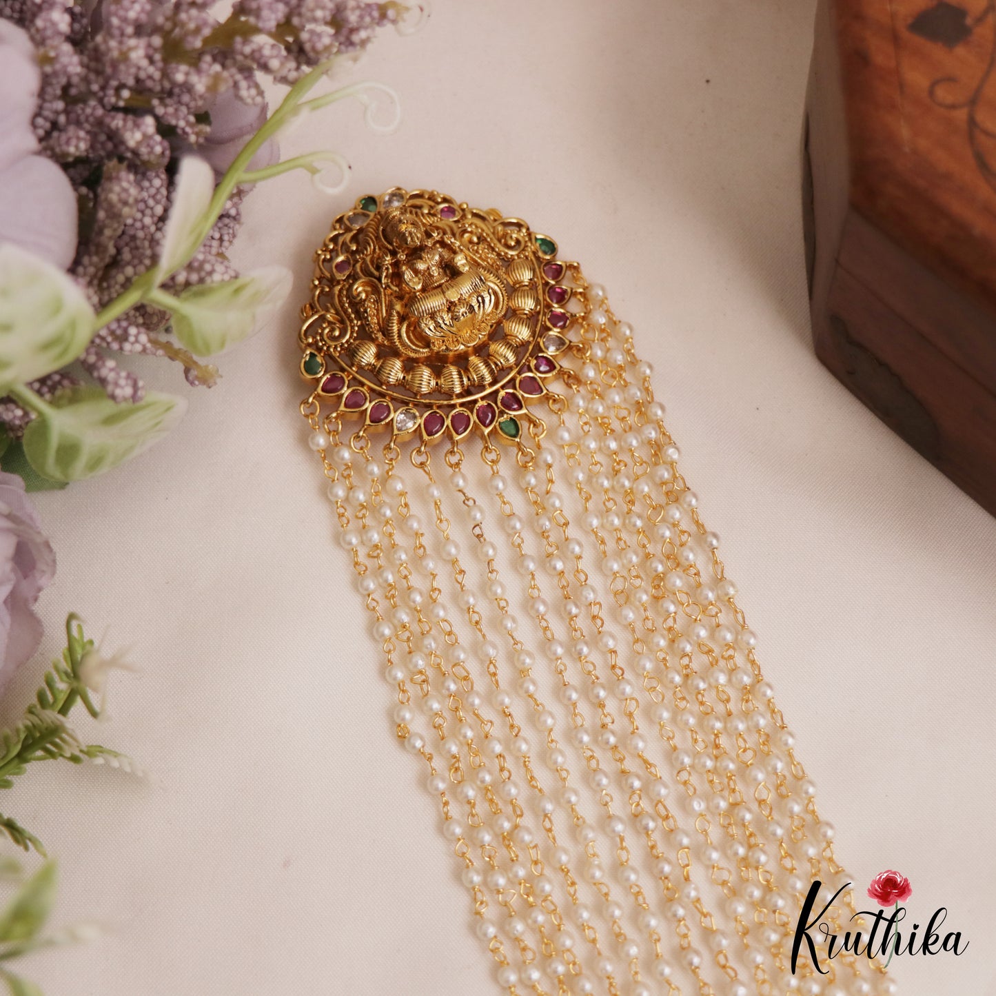 Premium Antique Lakshmi Motifs Multi Pearl Strand Kemp Jada Billa With Bead Drops J383 (Available In 2 Colors)