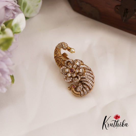 Trendy CZ Floral Peacock Motifs Saree Pin SP49 (Available In 2 Colors)
