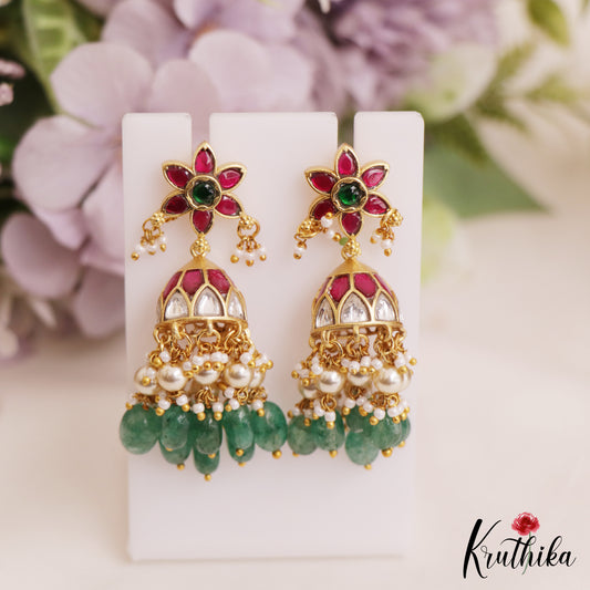 Stunning Floral Motifs Jadau Jhumka With Green Bead Drops E1016