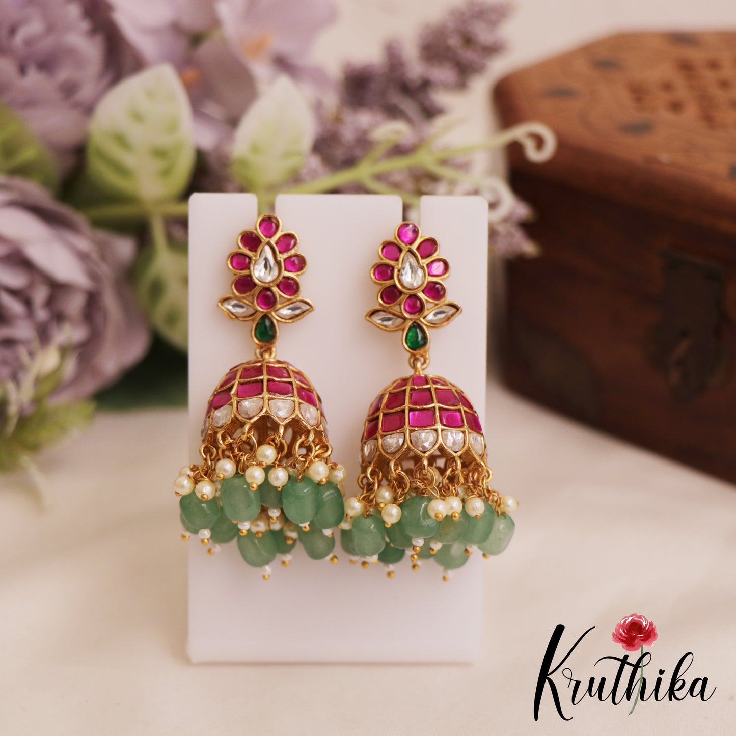 Stunning Floral Motifs Jadau Jhumka With Bead Drops E1048 (Available in 2 Colors)