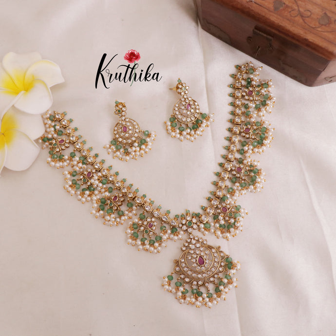 Elegant Victorian AD Stones Guttaposalu Necklace with Pastel Green Beads Drops NC1948