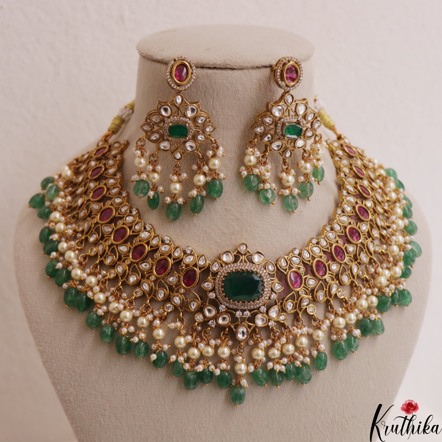 Premium Geometric Teardrop Motifs Jadau Choker With Green Bead Drops NC3011 (Available In 3 Colors)