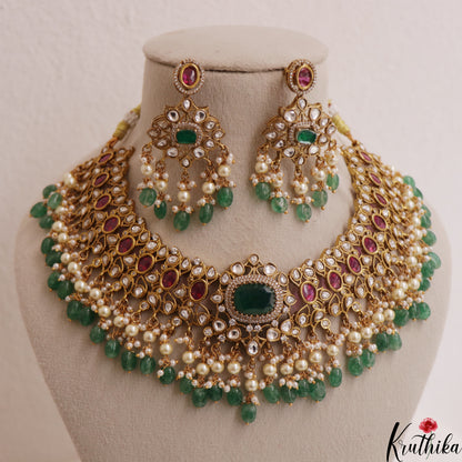 Premium Geometric Teardrop Motifs Jadau Choker With Green Bead Drops NC3011 (Available In 3 Colors)