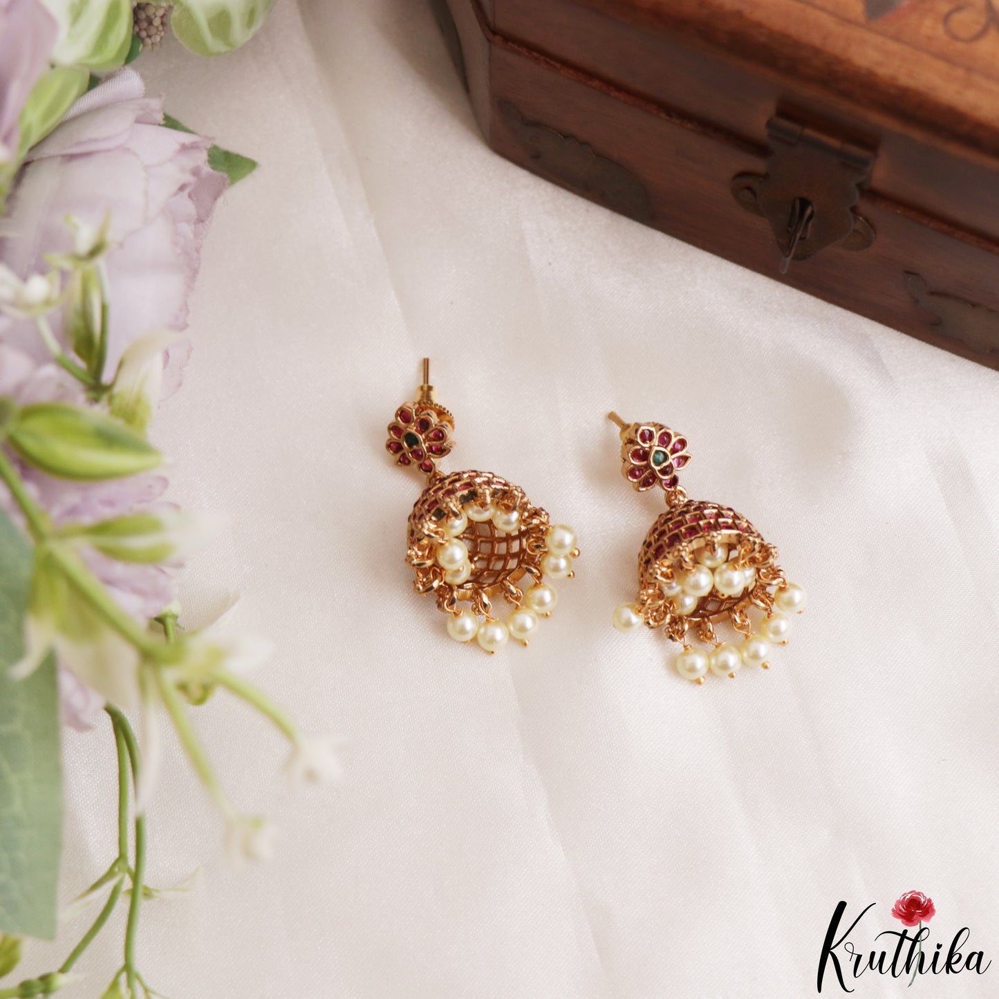 Classic Floral Motifs Jhumkas With Pearl Drops E1219