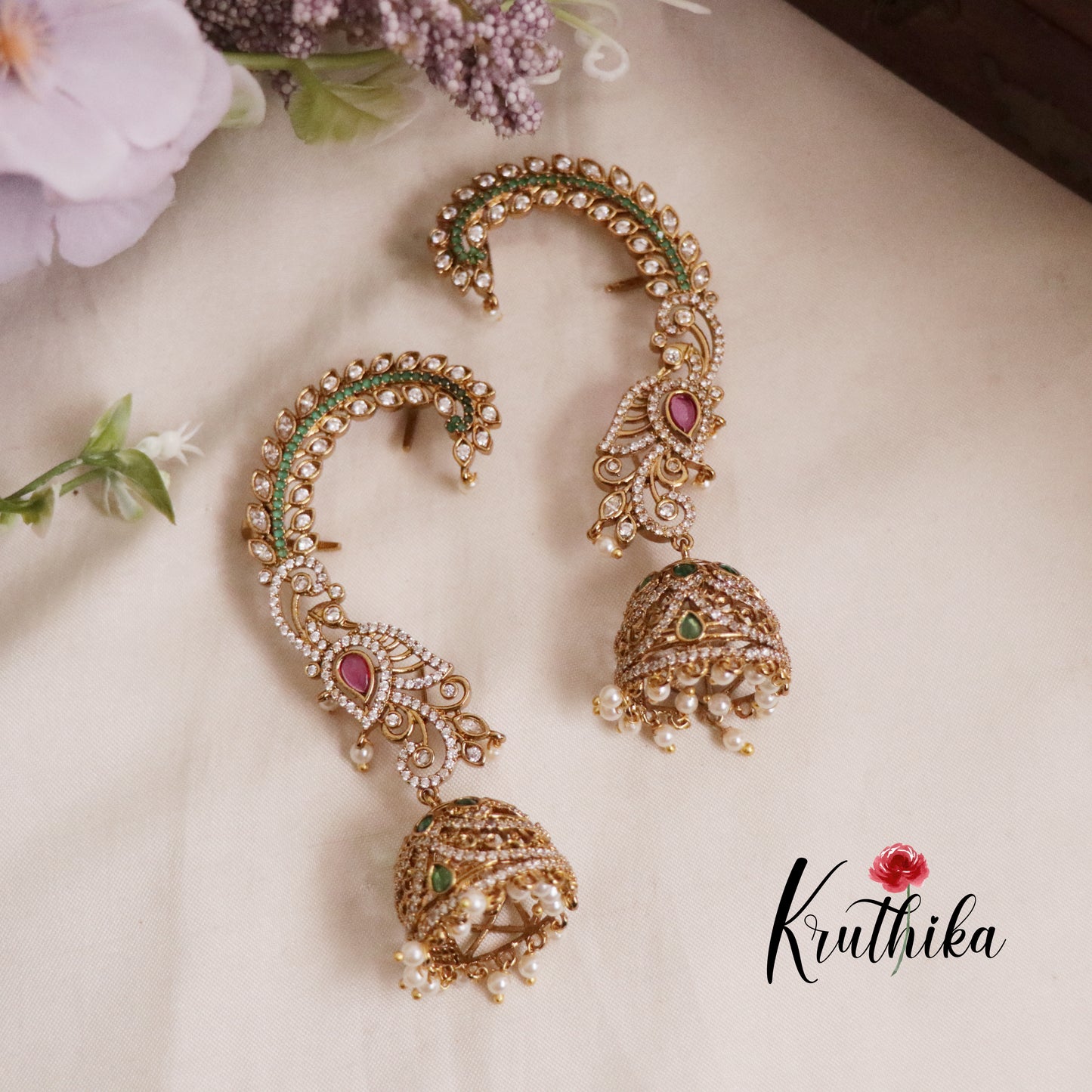 Grand CZ Sparkling Peacock Earcuff with Pearl Drop Jhumkas E617 (Available in 2 Colours)