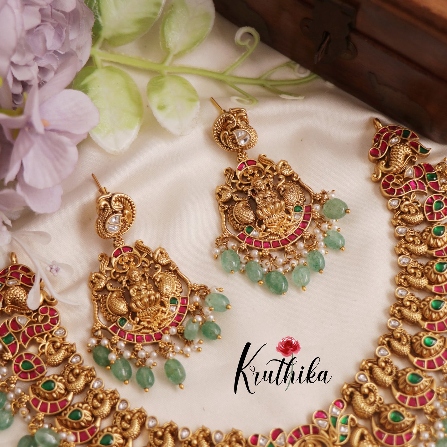 Premium Antique Lakshmi Nagas Jadau Necklace With Pastel Green Beads NC2555 (Available In 2 Colors)