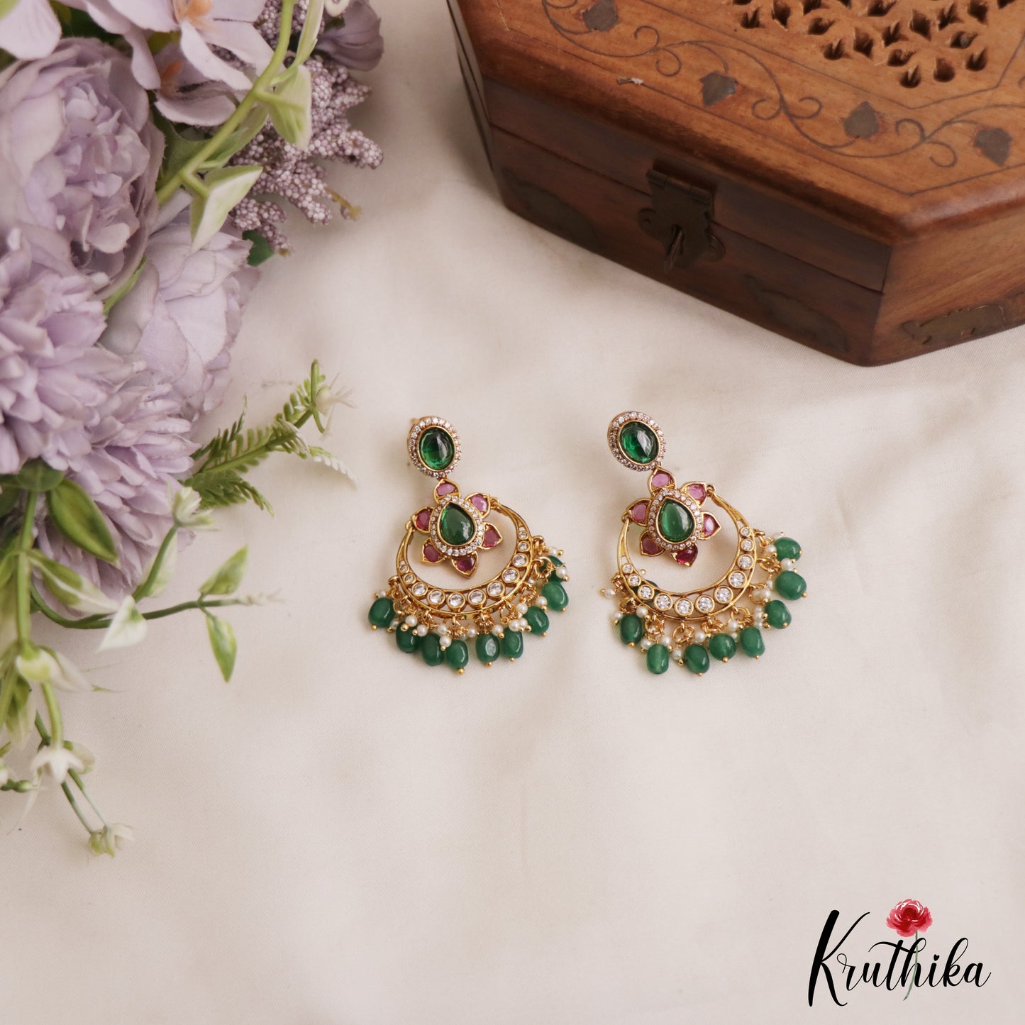 Trendy Floral Motifs Chandbali Earrings With Bead Drops E1093 (Available In 2 Colors)