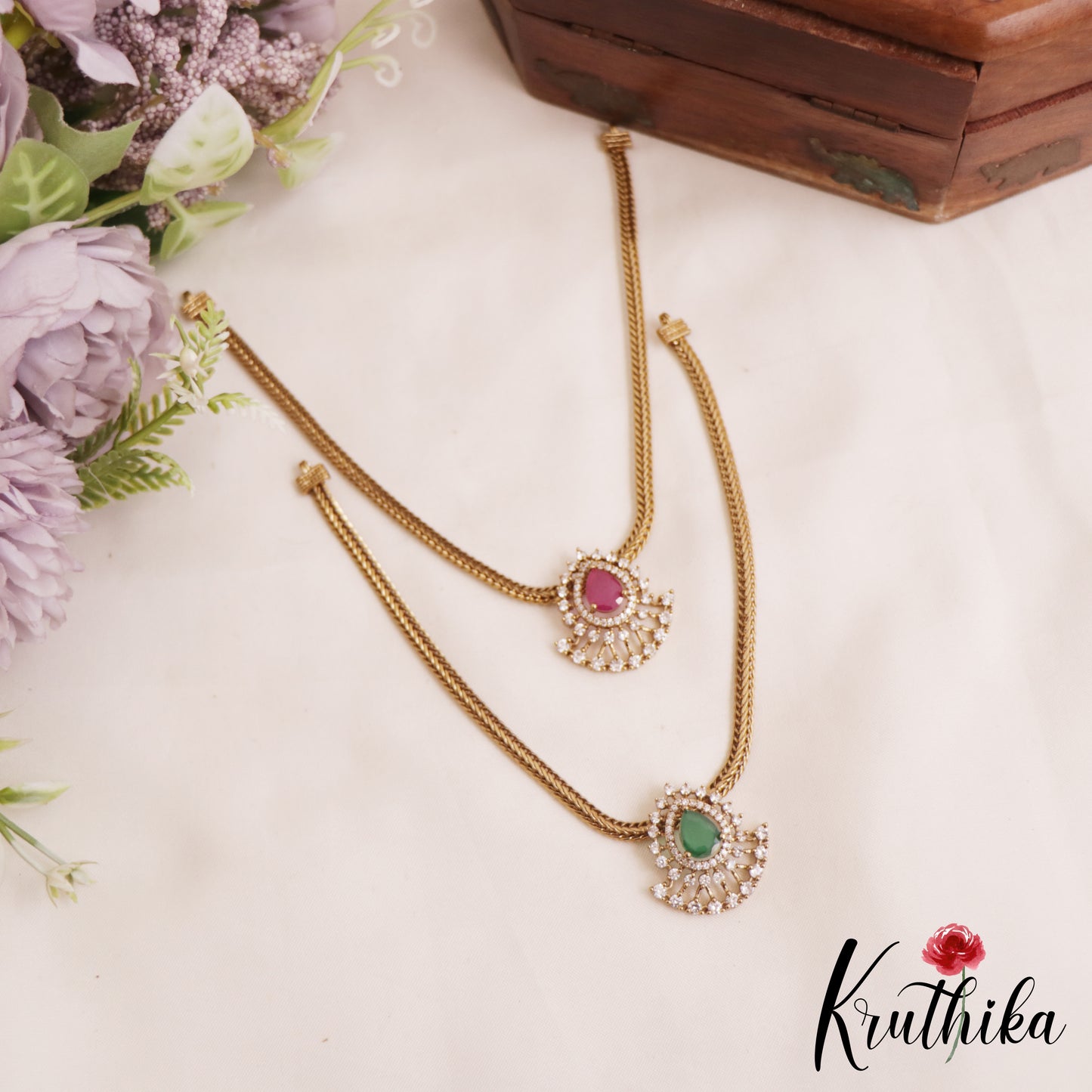 Pretty Teardrop Motifs AD Pendant Chain Set NC2808 (Available In 2 Colors)