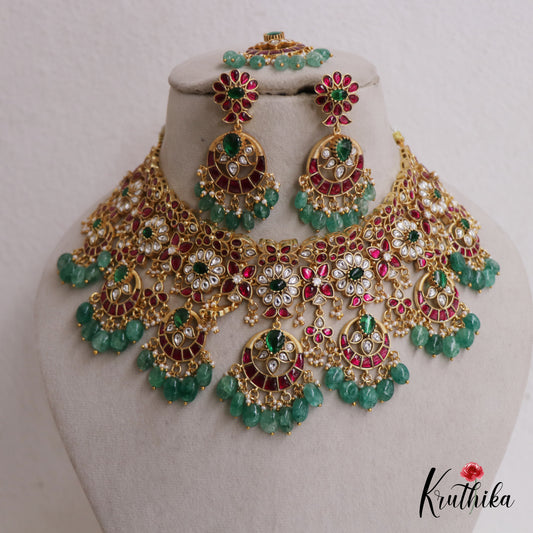 Premium Floral Green Beads Jadau Choker Set With Maang Tikka NC2583