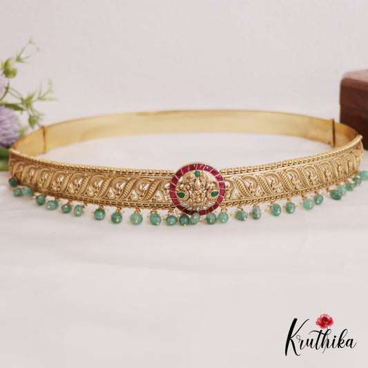 Stunning Antique Lakshmi Motifs Jadau Hip Belt With Green Bead Drops V330