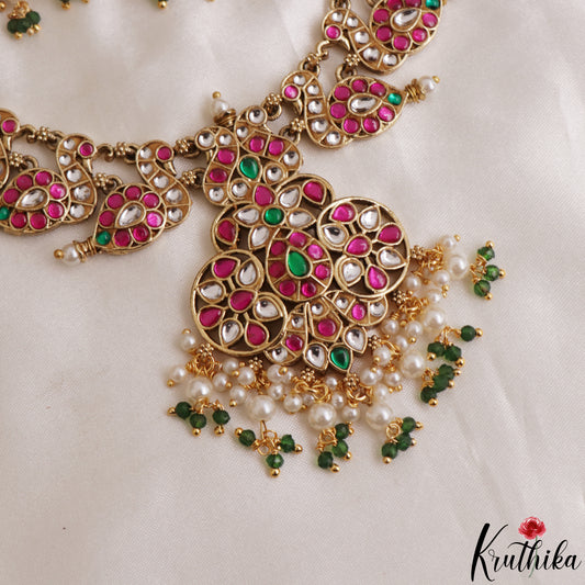 Gorgeous Floral Peacock Motifs Jadau Necklace With Pearl Bead Drops NC3171