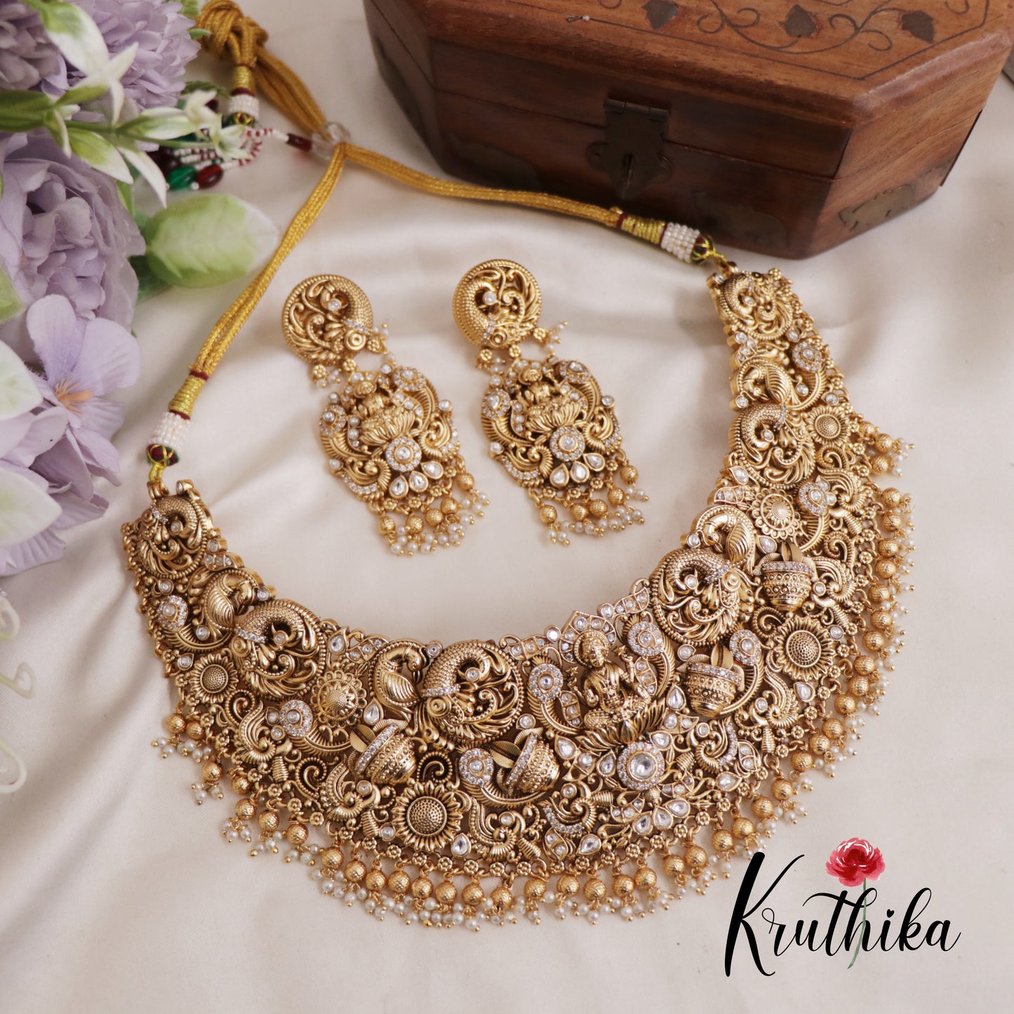 Premium Bridal Lakshmi Bead And Pearl Drops Nakshi Choker Set With Maang Tikka NC2587 (Available In 2 Colors)
