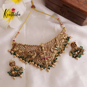 Elegant Jadau Nakshi Temple choker with Peacock Design - NC1916