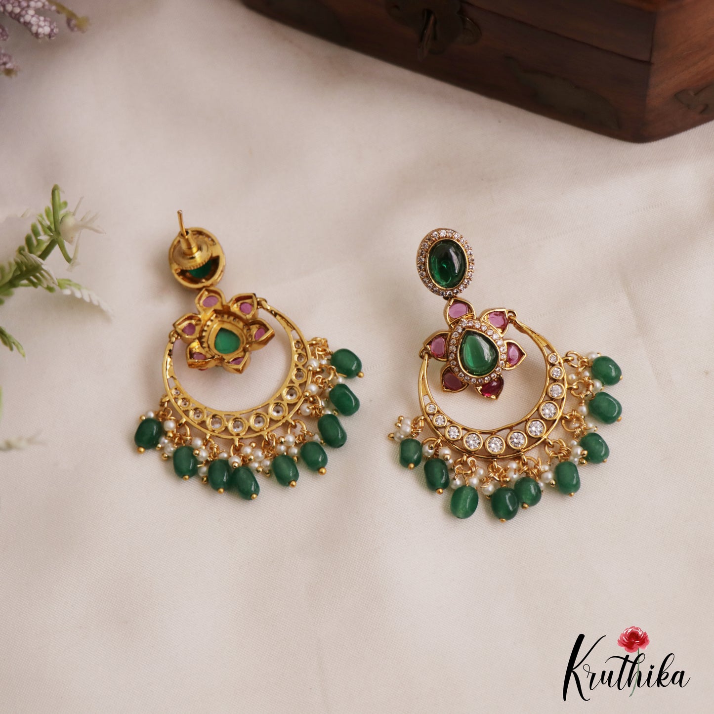 Trendy Floral Motifs Chandbali Earrings With Bead Drops E1093 (Available In 2 Colors)