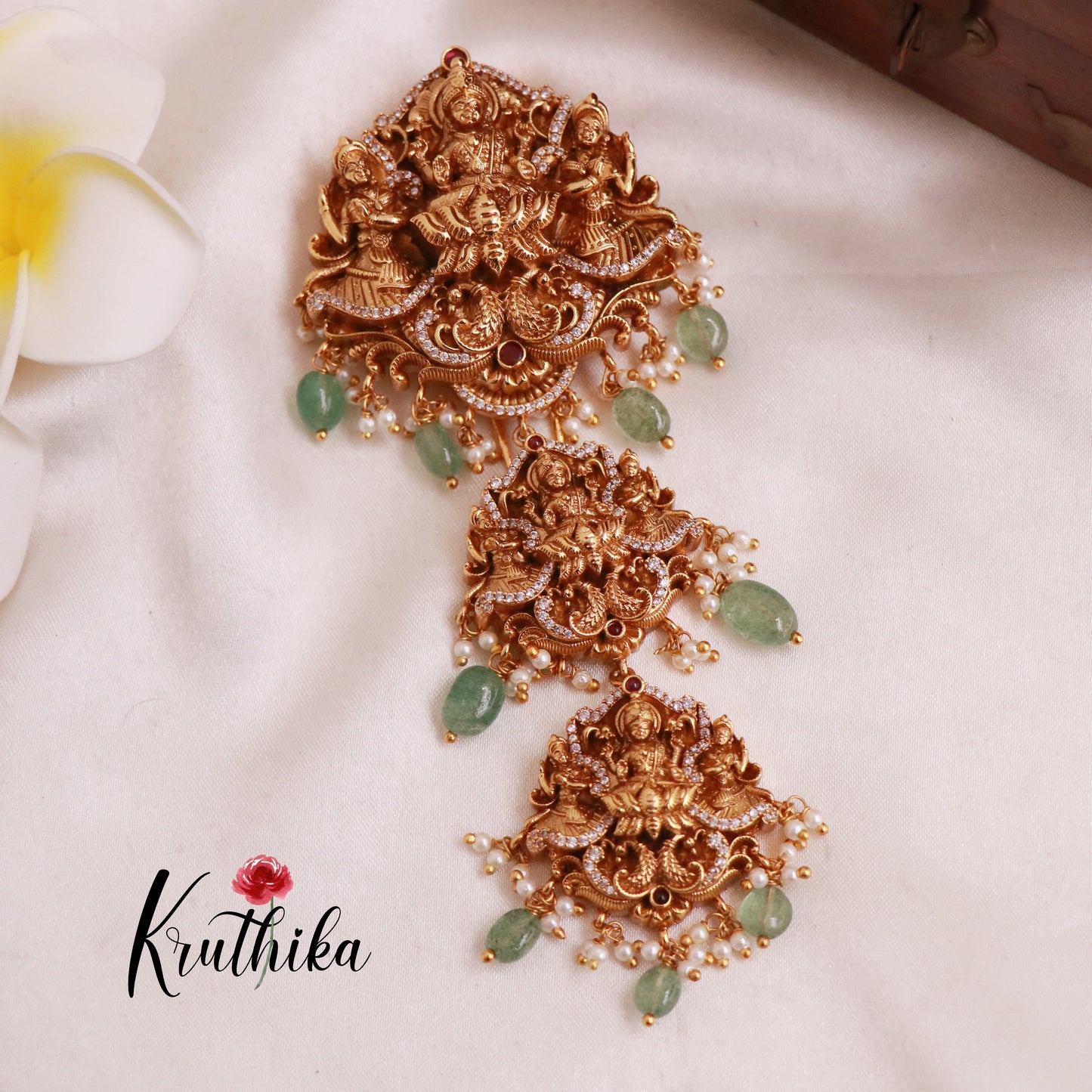 Premium Temple Jada Billa with Green Bead Drops J118