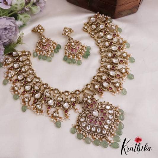 Gorgeous AD Teardrop Motifs Kemp Necklace With Green Bead Drops NC2726