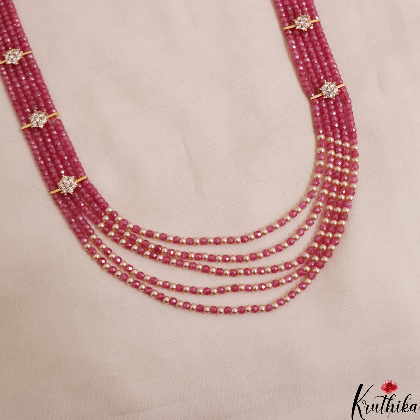 Sparkling Multi Layered crystal & Pearl statement Haaram with floral accents LH2081 (Available In 16 Colors)