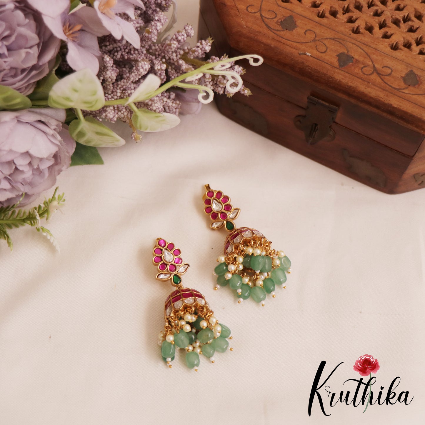 Stunning Floral Motifs Jadau Jhumka With Bead Drops E1048 (Available in 2 Colors)