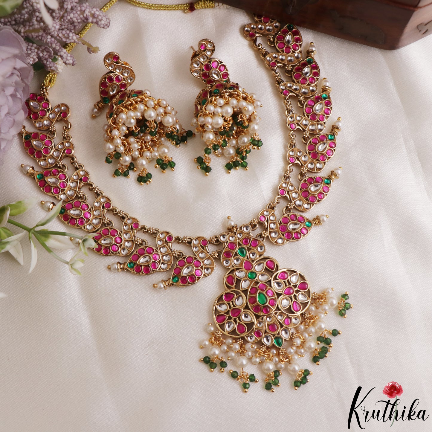 Gorgeous Floral Peacock Motifs Jadau Necklace With Pearl Bead Drops NC3171