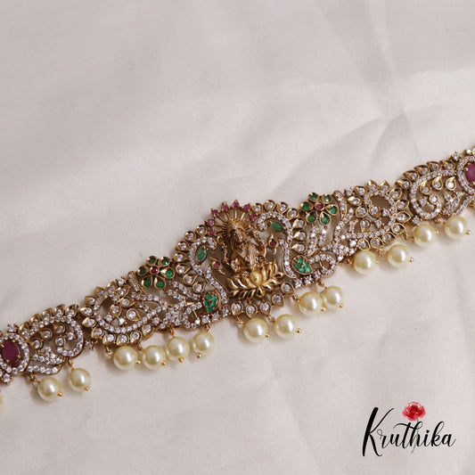 Gorgeous CZ And Kemp Lakshmi Peacock Motifs Hip Chain with Pearl Drops V310