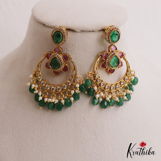 Trendy Floral Motifs Chandbali Earrings With Bead Drops E1093 (Available In 2 Colors)