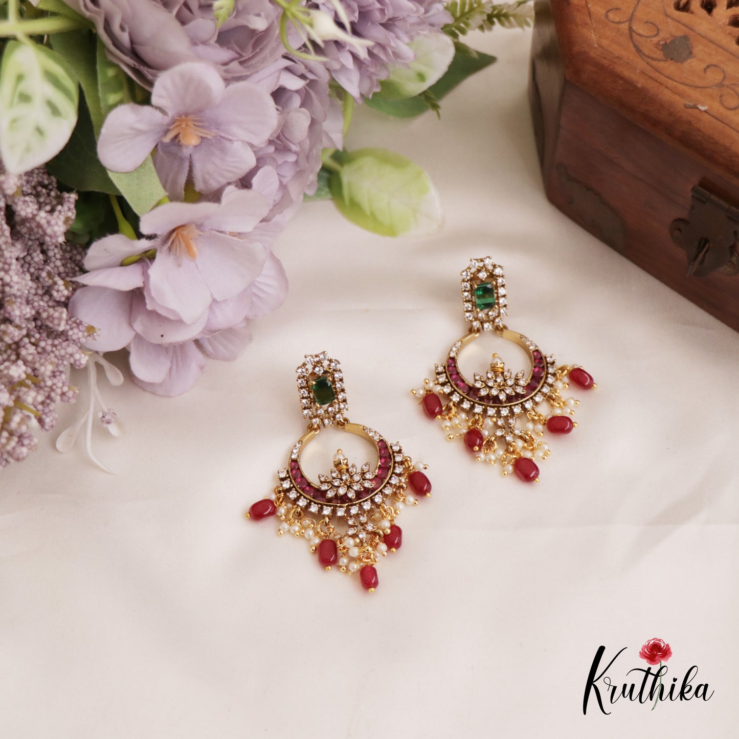 Sparkling Leaf Motifs Chandbali Kemp Earrings With Bead Drops E995 (Available In 2 Colors)