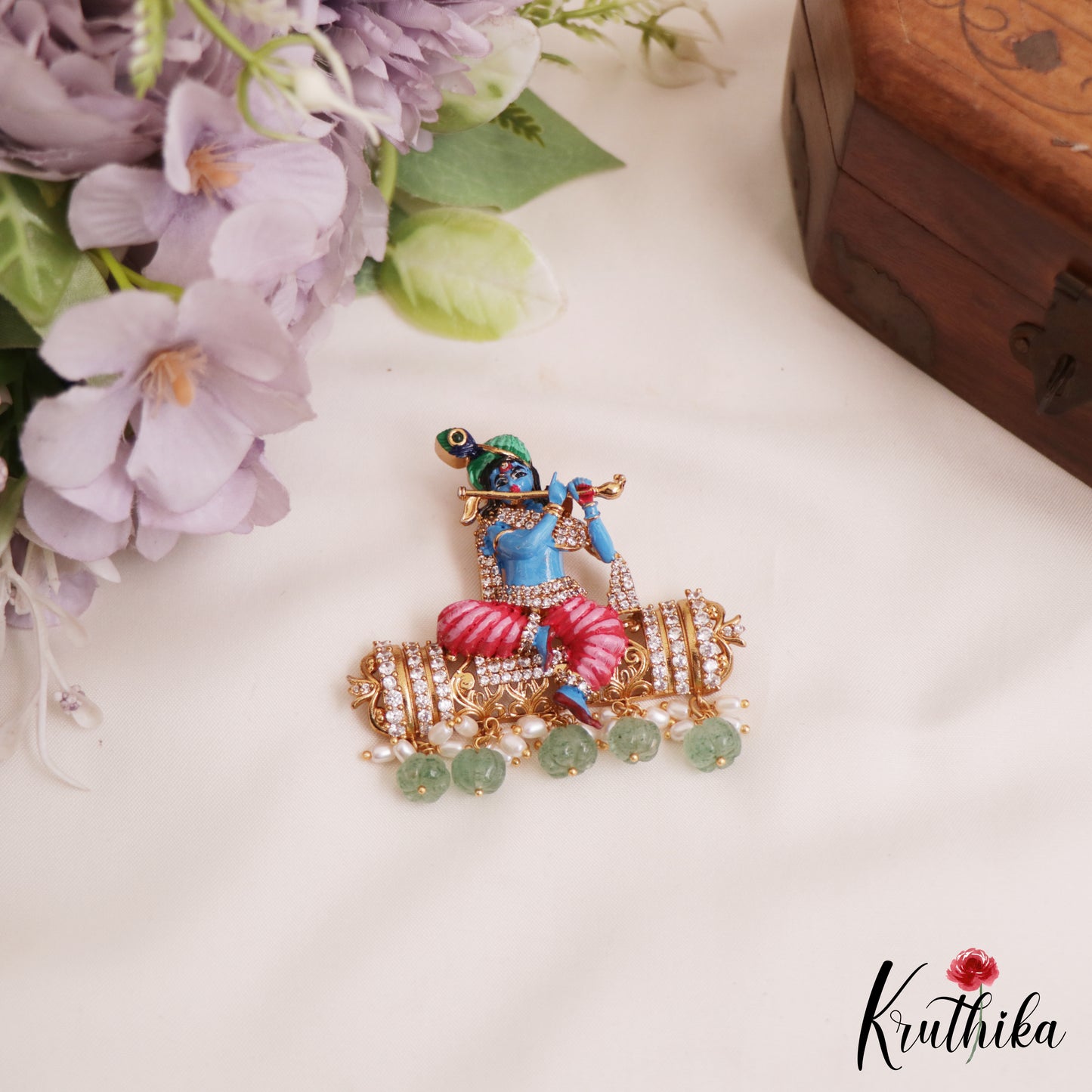 Gorgeous Hand Painted Lord Krishna Motifs Pendant With Green Bead Drops PS282
