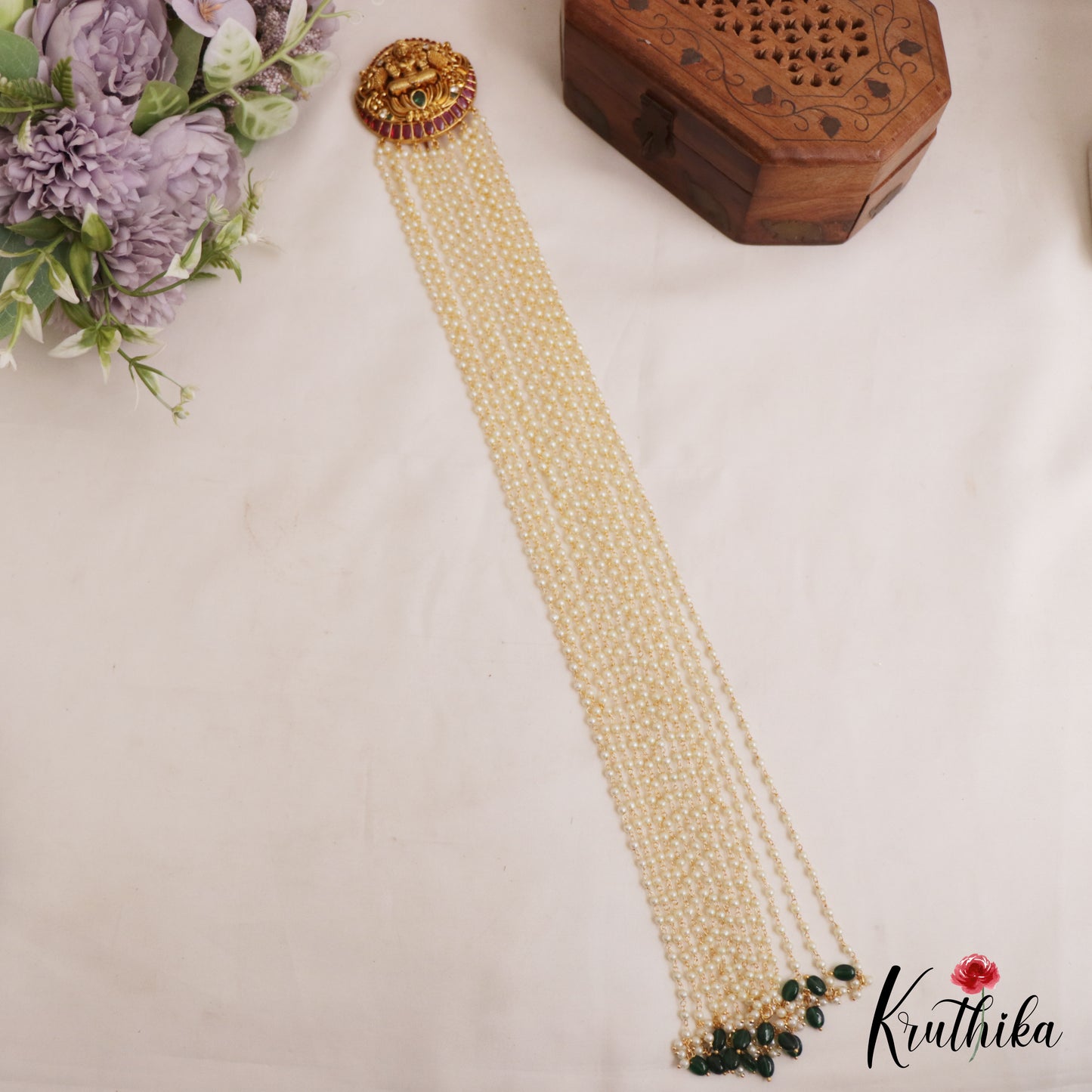 Classic Antique Lakshmi Motifs Multi Pearl Strand Kemp Jada Billa With Bead Drops J384 (Available In 2 Colors)
